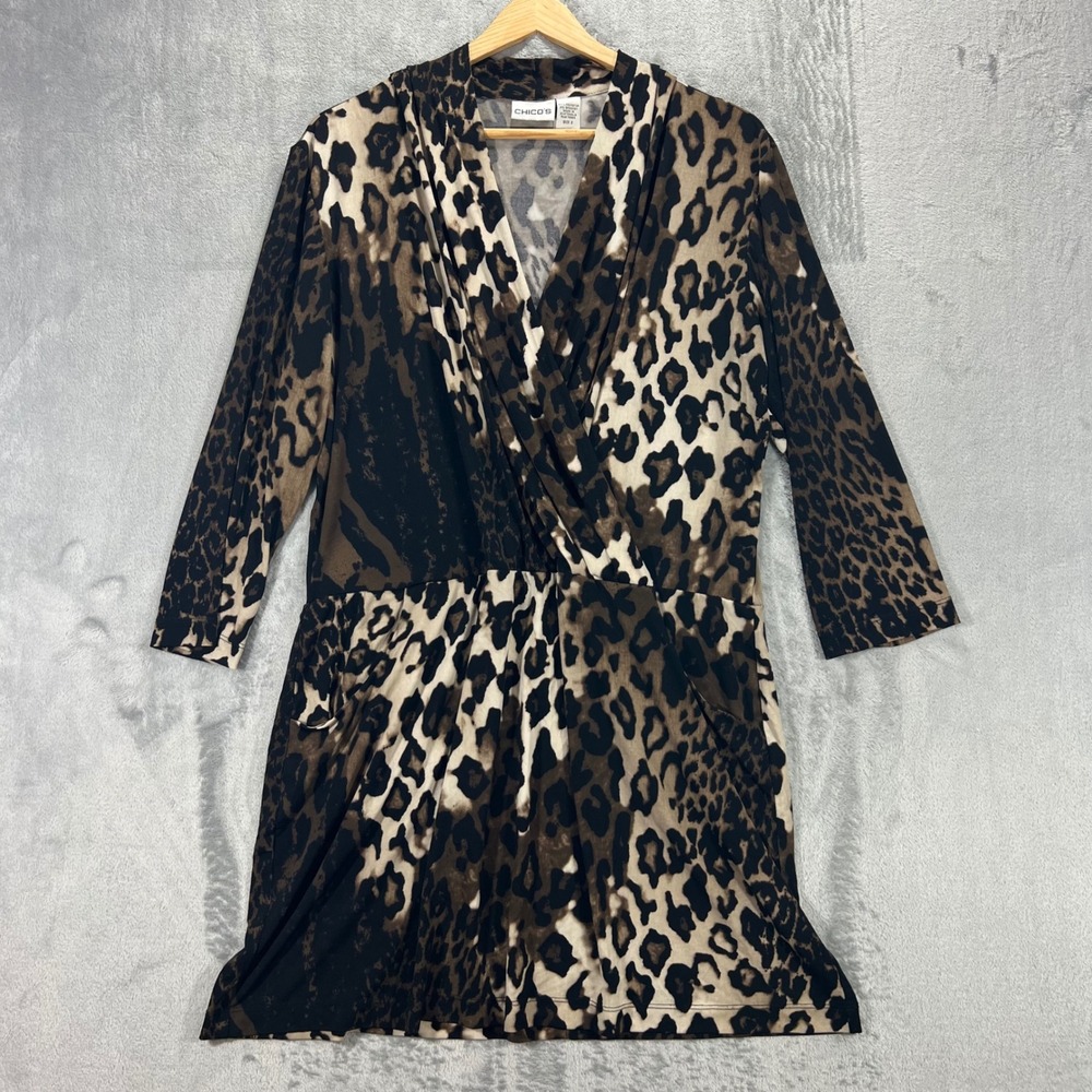 Chico's Leopard Print Dress Women Size 2 Brown Black V-Neck Pockets Animal